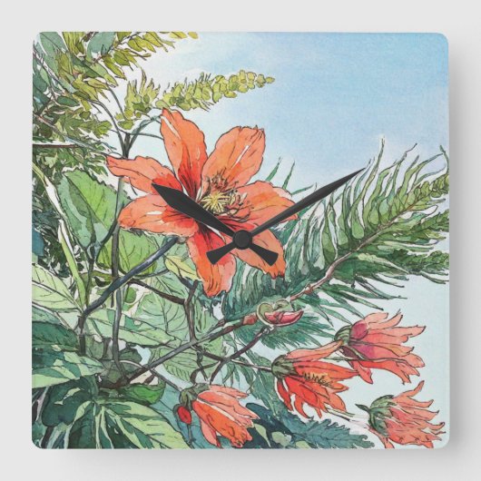 Illustrierte Wasserfarbe Botanische Orangenblüte Quadratische Wanduhr (Vorderseite)