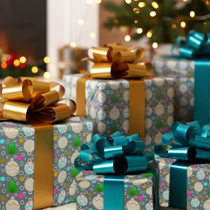 Illustrierte Weihnachtsbäume & Süße Ornamente Geschenkpapier