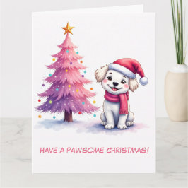 Illustrierter Bichon Frisé in rosa Weihnachtsmannm Karte