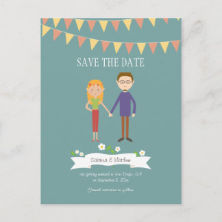 Illustrierter Cartoon Couple Portrait Hochzeit Ankündigungspostkarte
