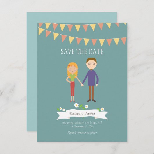 Illustrierter Cartoon Couple Portrait Hochzeit Ankündigungspostkarte (Vorne/Hinten)