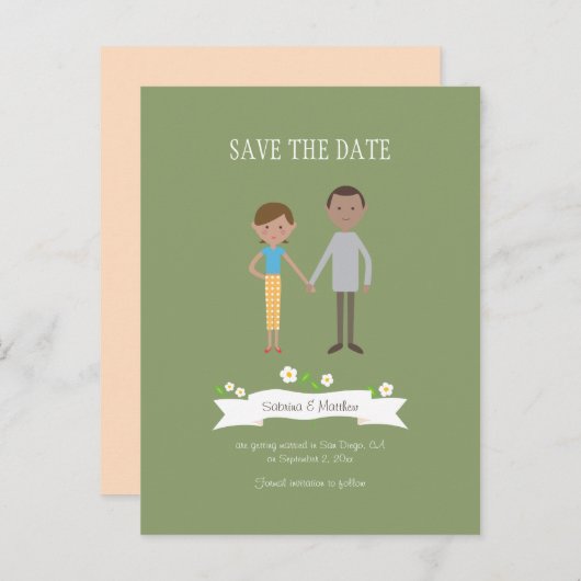 Illustrierter Cartoon Couple Portrait Hochzeit Ankündigungspostkarte (Vorne/Hinten)