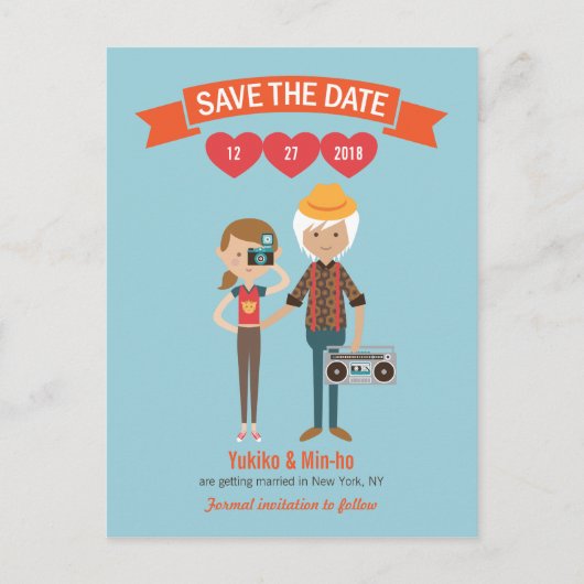 Illustrierter Cartoon Couple Portrait Hochzeit Ankündigungspostkarte (Vorderseite)