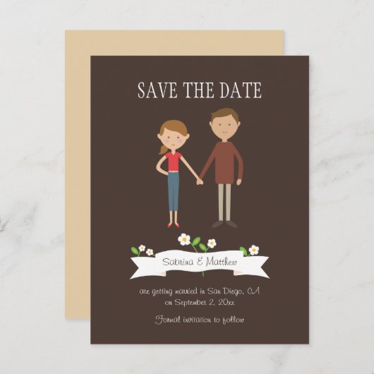 Illustrierter Cartoon Couple Portrait Hochzeit Ankündigungspostkarte (Vorne/Hinten)