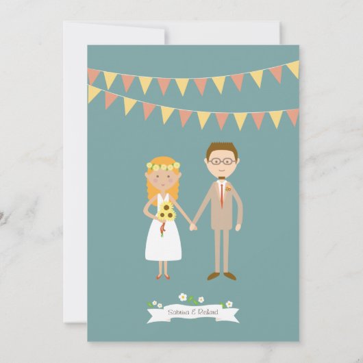 Illustrierter Cartoon Couple Portrait Hochzeit Einladung (Rückseite)