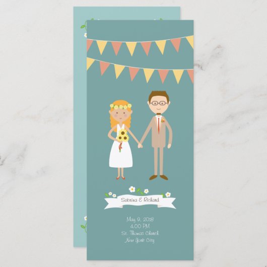 Illustrierter Cartoon Couple Portrait Hochzeit Programm (Vorne/Hinten)