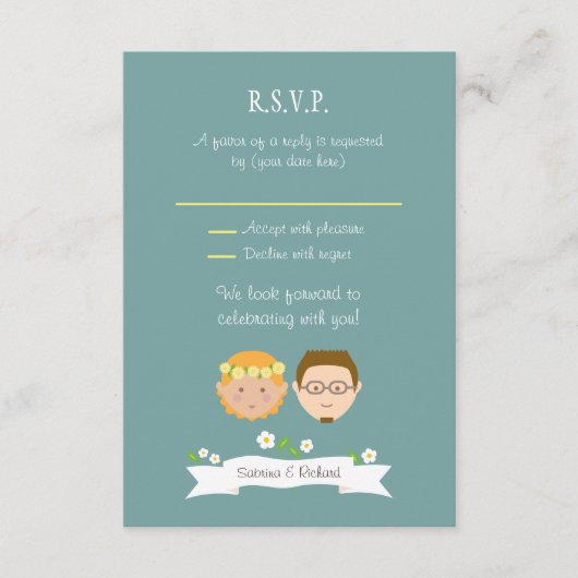 Illustrierter Cartoon Couple Portrait Hochzeit RSVP Karte (Vorderseite)