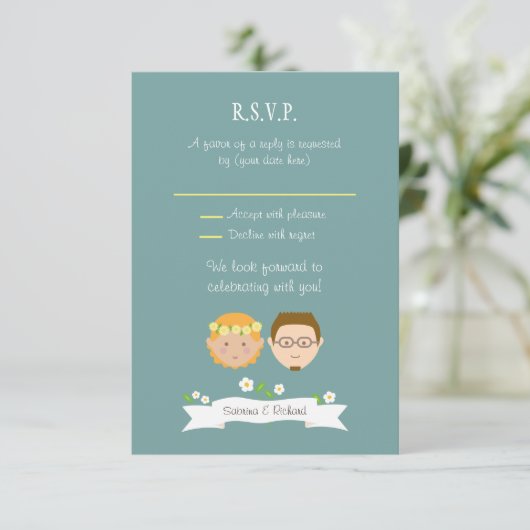 Illustrierter Cartoon Couple Portrait Hochzeit RSVP Karte (Stehend Vorderseite)