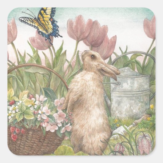 Illustrierter Frühlingshase im Garten Quadratischer Aufkleber (Vorderseite)