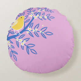 Illustrierter Gelbbvogel auf rosa Hintergrund Rundes Kissen