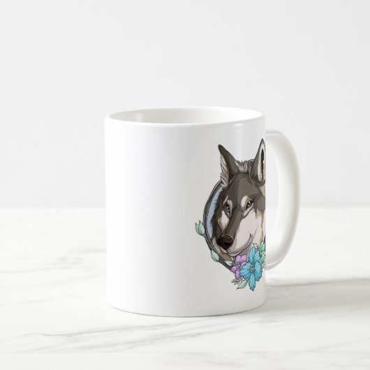Illustrierter Grauer Wolf und Blume Kaffeetasse (VorderseiteRechts)