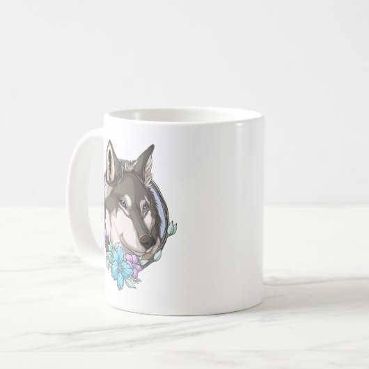 Illustrierter Grauer Wolf und Blume Kaffeetasse (Vorderseite Links)