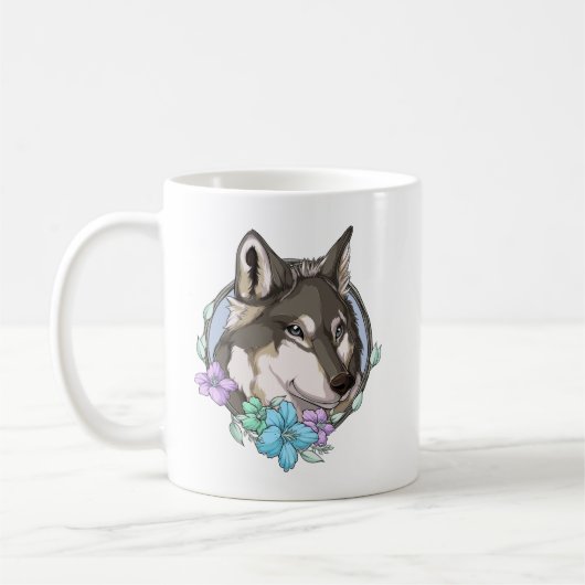 Illustrierter Grauer Wolf und Blume Kaffeetasse (Links)