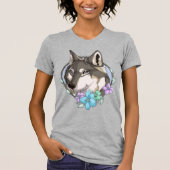 Illustrierter Grauer Wolf und Blume T-Shirt (Vorderseite)