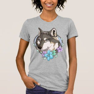 Illustrierter Grauer Wolf und Blume T-Shirt