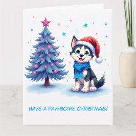 Illustrierter Husky und Weihnachtsbaum Karte