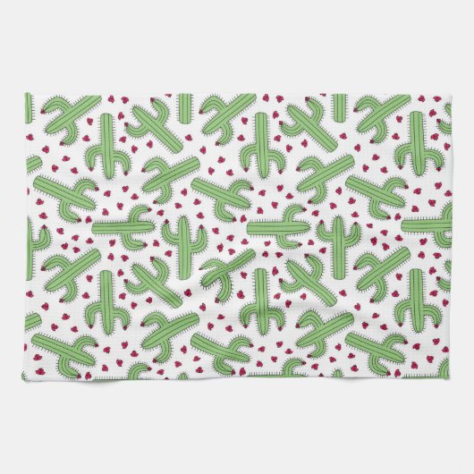 Illustrierter Kaktus u. rosa Blumen-Muster Geschirrtuch (Horizontal)