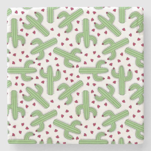 Illustrierter Kaktus u. rosa Blumen-Muster Steinuntersetzer (Vorderseite)