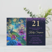 Illustrierter Pfau & Blume Geburtstag Einladung (Stehend Vorderseite)