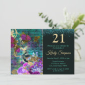 Illustrierter Pfau & Blume Geburtstag Einladung (Stehend Vorderseite)