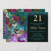 Illustrierter Pfau & Blume Geburtstag Einladung (Vorne/Hinten)