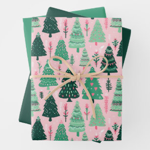 Illustrierter Weihnachtsbaum Grün & Rosa Wrapping Geschenkpapier Set