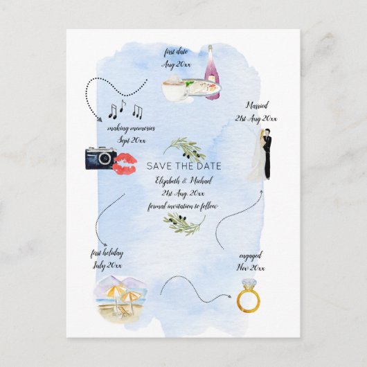 Illustrierter Zeitplan Save the Date Postkarte (Vorderseite)