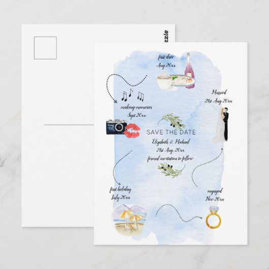 Illustrierter Zeitplan Save the Date Postkarte (Vorne/Hinten)