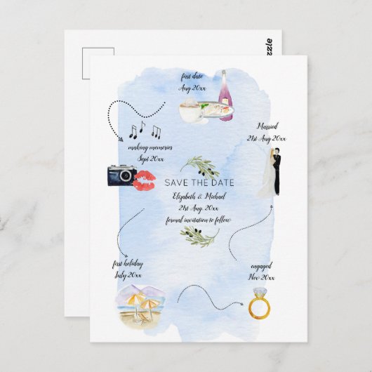 Illustrierter Zeitplan Save the Date Postkarte (Vorne/Hinten)