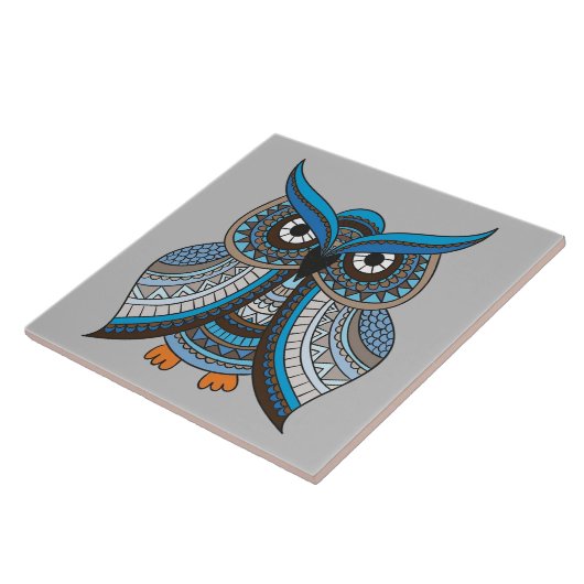 Illustriertes Blaues Eule Keramik Tile Fliese (Seite)