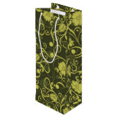 Illustriertes Blumenmuster in Schwarz und Grün Geschenktüte Für Weinflaschen (Rückseite Schrägansicht)