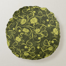 Illustriertes Blumenmuster in Schwarz und Grün Rundes Kissen