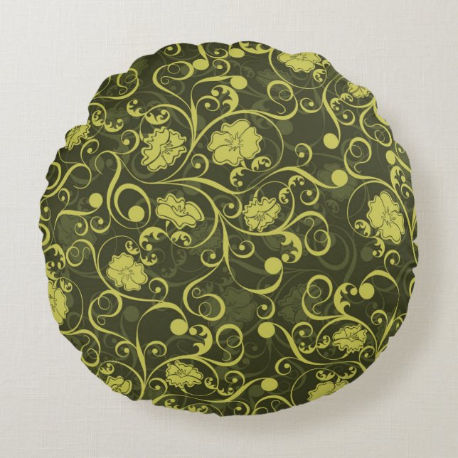 Illustriertes Blumenmuster in Schwarz und Grün Rundes Kissen (Vorderseite)
