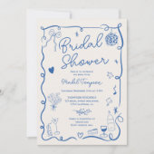 Illustriertes Brautparty mit rückwärts blauer Hand Einladung (Vorderseite)