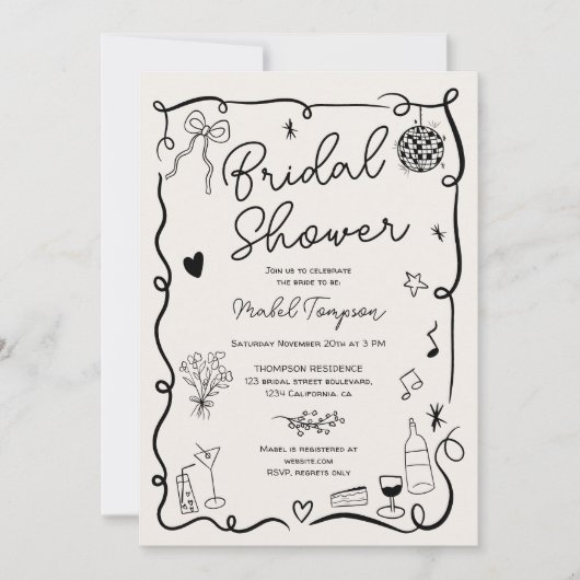 Illustriertes Brautparty mit schwarzer Hand Einladung (Vorderseite)