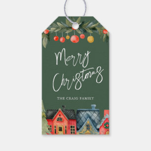 Illustriertes Ferienhaus Weihnachten Grün Geschenkanhänger