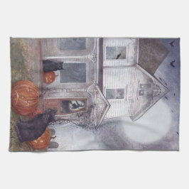 Illustriertes Halloween-Haus mit schwarzer Katze Geschirrtuch