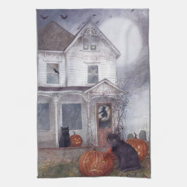 Illustriertes Halloween-Haus mit schwarzer Katze Geschirrtuch