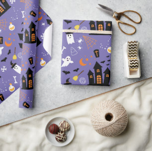 Illustriertes Halloween-Muster in Lila Geschenkpapier
