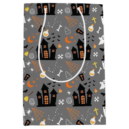Illustriertes Halloween-Muster mit grau, schwarz Mittlere Geschenktüte (Vorderseite)