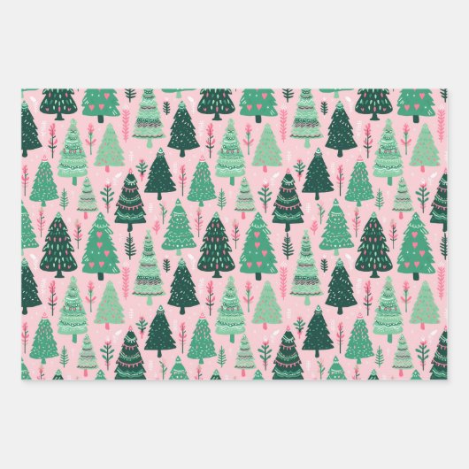 Illustriertes Pink Weihnachtsbaumwrapping Paper Geschenkpapier Set (Vorderseite)