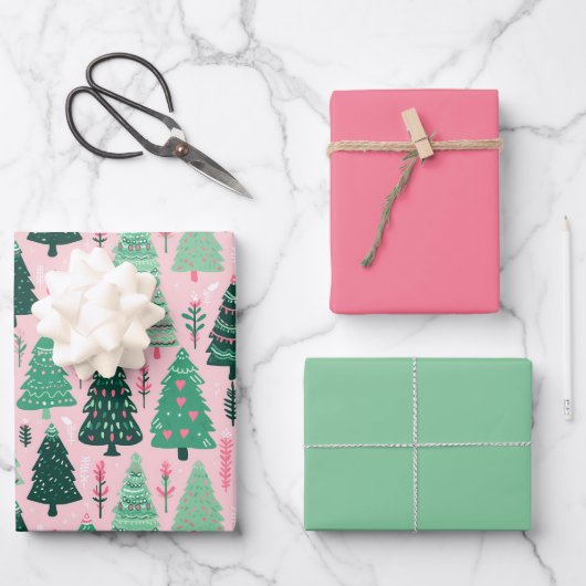 Illustriertes Pink Weihnachtsbaumwrapping Paper Geschenkpapier Set (Vorderseite)
