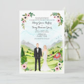 Illustriertes Portrait Rustikale Hochzeit Einladung (Stehend Vorderseite)