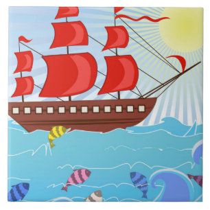 Illustriertes rotes Piraten-Schiff Fliese