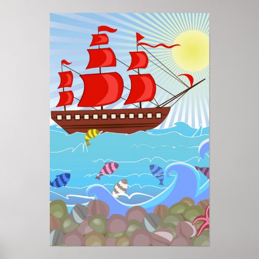 Illustriertes Rotes Piratenschiff Poster (Vorne)