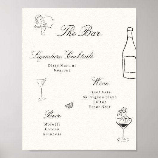 Illustriertes Whimsical Wedding Bar Menu Poster (Vorne)
