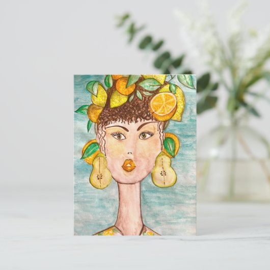 Ilustración de chica con frutas en la cabeza postkarte (Stehend Vorderseite)