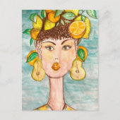 Ilustración de chica con frutas en la cabeza postkarte (Vorderseite)