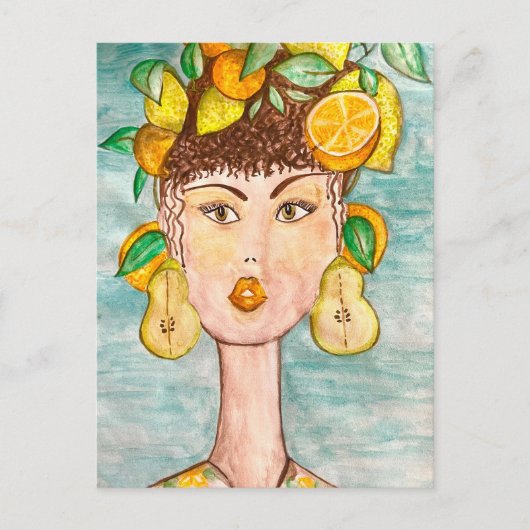 Ilustración de chica con frutas en la cabeza postkarte (Vorderseite)