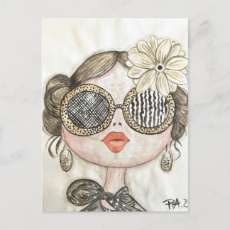 ilustracion de chica fashion con gafas en acuarela postkarte